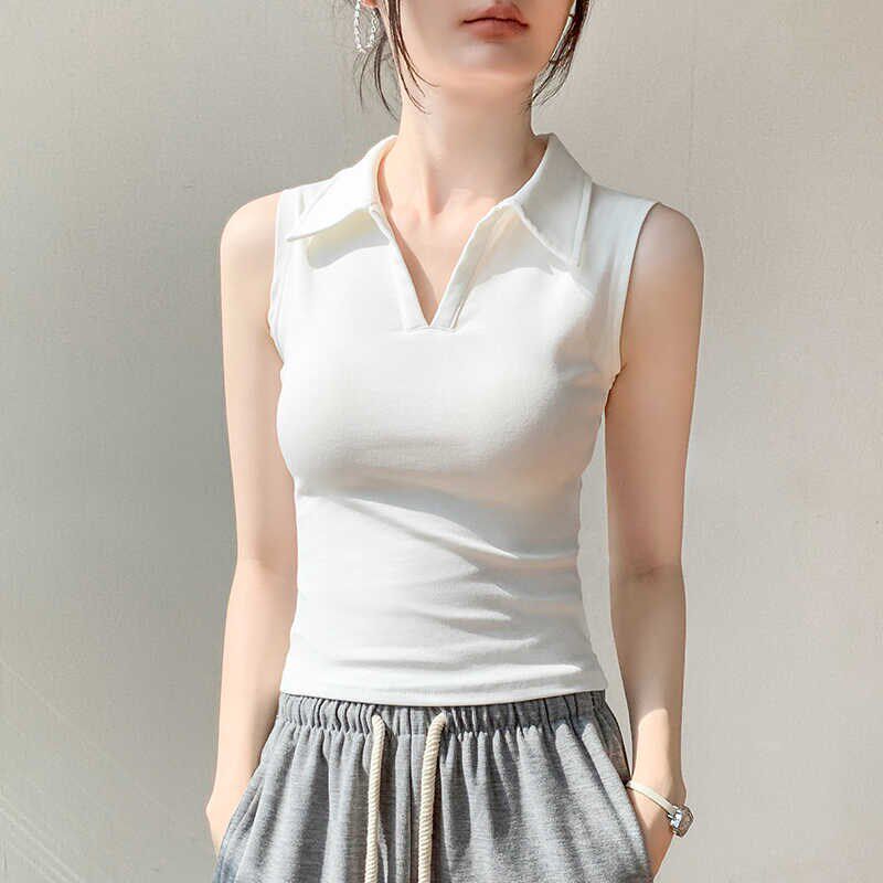 纯棉翻领无袖背心女2024夏季新款宽松外穿上衣修身显瘦内搭打底衫