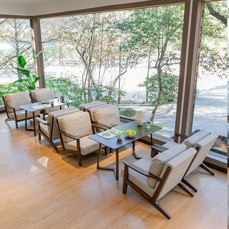 连锁奶茶店桌椅组合咖啡店馆休闲区实木沙发咖啡厅椅子阅读区卡座