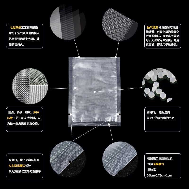 新款直销11*40双层19丝易张皮包装圆点纹路抽真空袋透明塑料食品