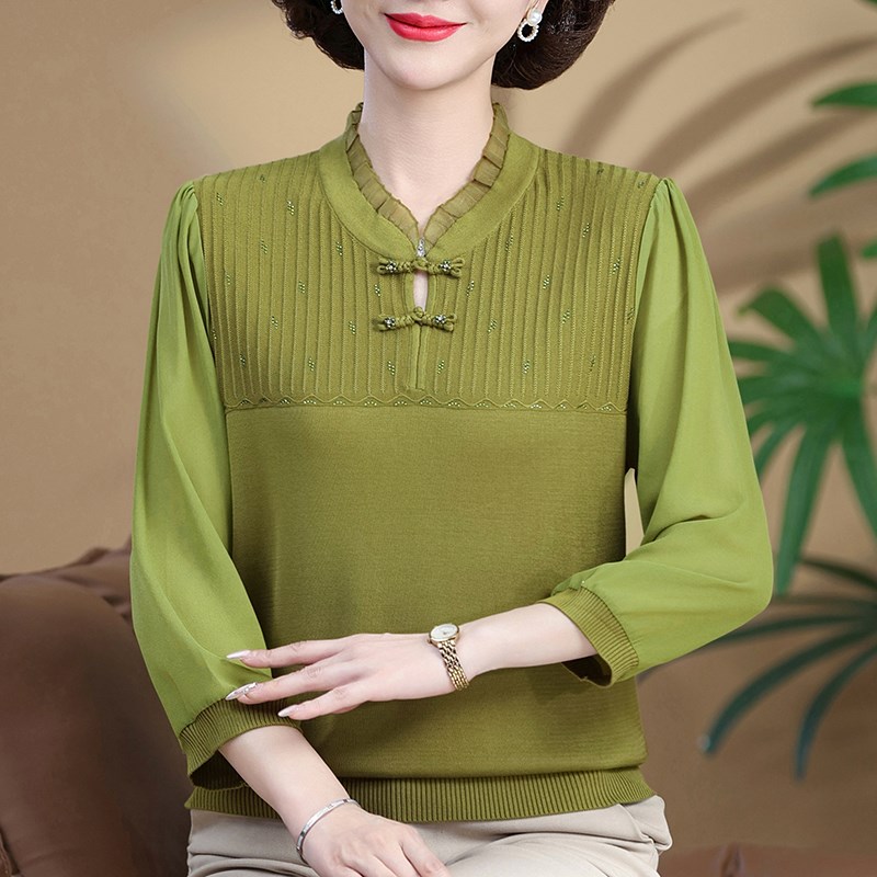 妈妈春装洋气t恤打底衫七分袖时尚显瘦中老年女装春秋薄纱袖上衣