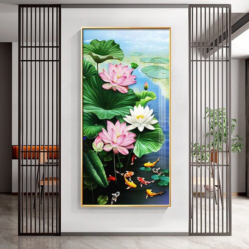 荷花鲤鱼图九鱼图玄关装饰画新中式入户走廊过道挂画轻奢油画壁画