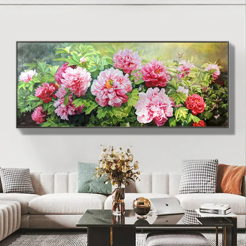 新中式写实牡丹花卉轻奢油画装饰画客厅沙发背景墙花开富贵挂画图片