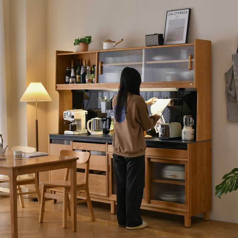新款直销哥本哈根餐边柜实木岩板日式樱桃木高酒柜餐桌一体靠墙日