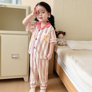 韩国女童睡衣夏季短袖长裤套装薄款女孩夏天纯棉家居服儿童空调服