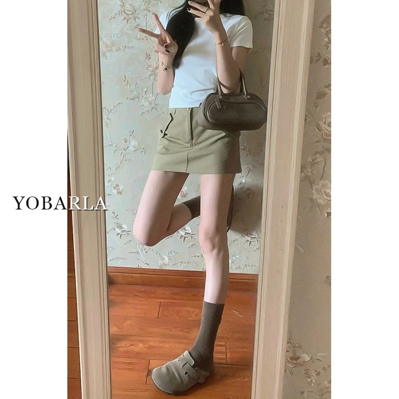 卡其色休闲工装短裙女夏季胖mm大码显瘦高腰梨型身材a字半身裙子