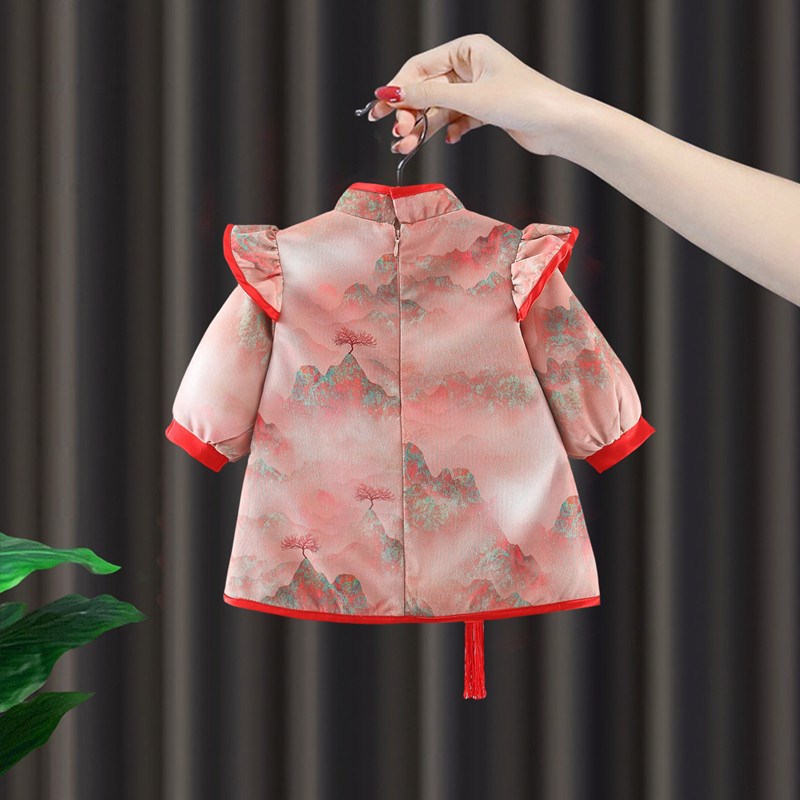女童旗袍秋冬加绒连衣裙2024新款儿童中国风汉服一岁宝宝冬装裙子