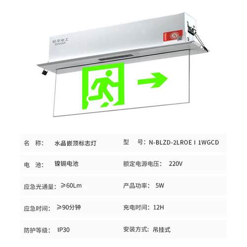 敏华透明吊装悬挂疏散指示灯嵌入成玻璃吊挂式安全出口指示牌