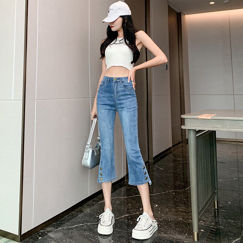 开叉七分微喇牛仔裤女士新款夏季薄款小个子高腰弹力显瘦喇叭中裤