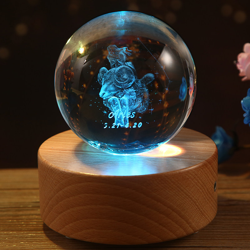 水晶球十二星座木质发光音乐盒生日礼物送女朋友创意礼品实用闺蜜