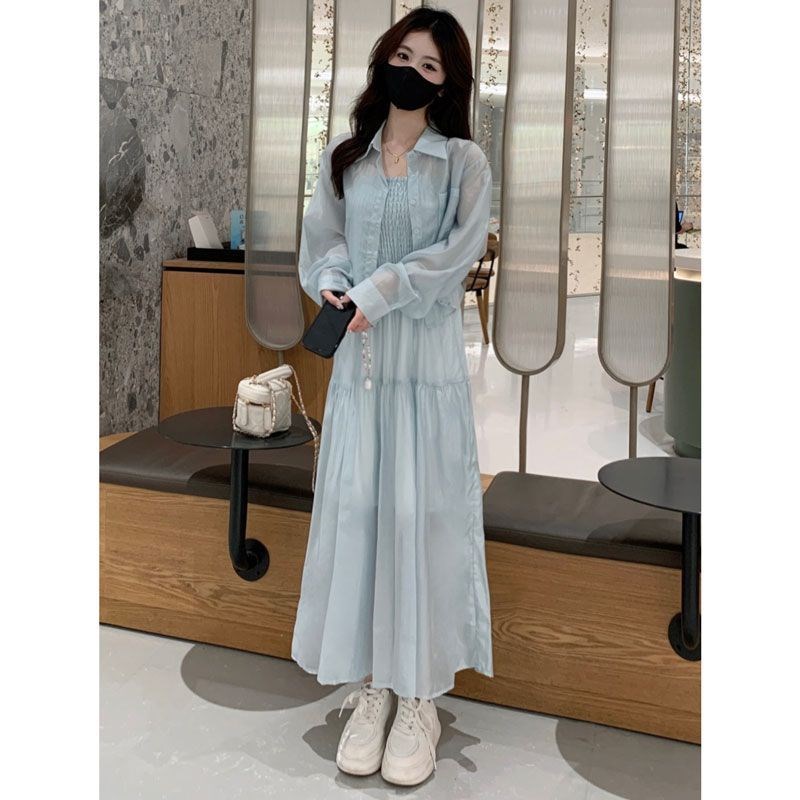 时髦防晒衬衫吊带裙子两件套裙女2024夏季新款洋气显瘦时尚连衣裙