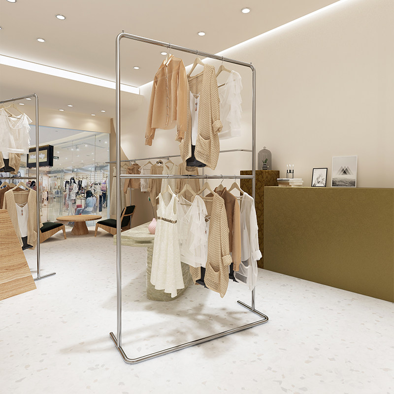 女装店陈列道具不锈钢服装店展示架陈列架银色双层中岛架落地式