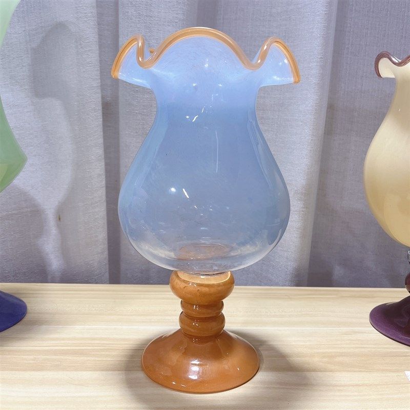 新品法式复古高脚铃兰防风灯花瓶中古琉璃高级艺术玻璃花器花瓶花,家居饰品,花瓶,淘宝优惠券,粉丝福利购,淘宝优惠卷