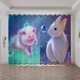 卡通可爱动物猫咪儿童房卧室隔断飘窗书房餐厅个性 创意遮光窗帘布