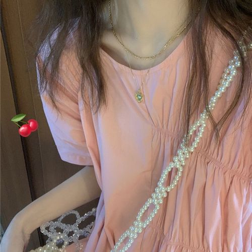 145小个子显高150cm法式小众少女粉设计感宽松中长款连衣裙XS码夏