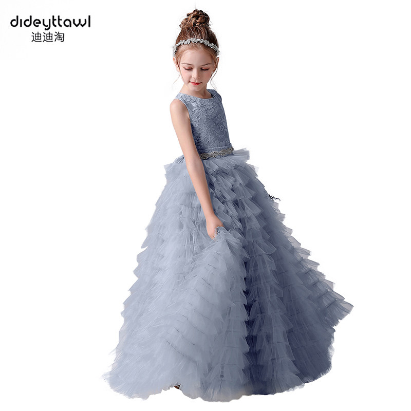 迪迪淘儿童晚礼服公主裙高端女童钢琴演奏礼服蓬蓬纱蛋糕裙灰蓝色