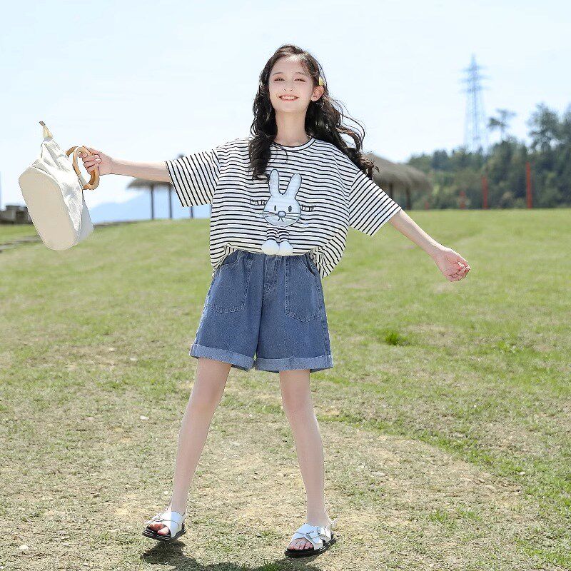 女童短袖套装夏装2024洋气新款中大儿童夏季女孩牛仔短裤两件套潮