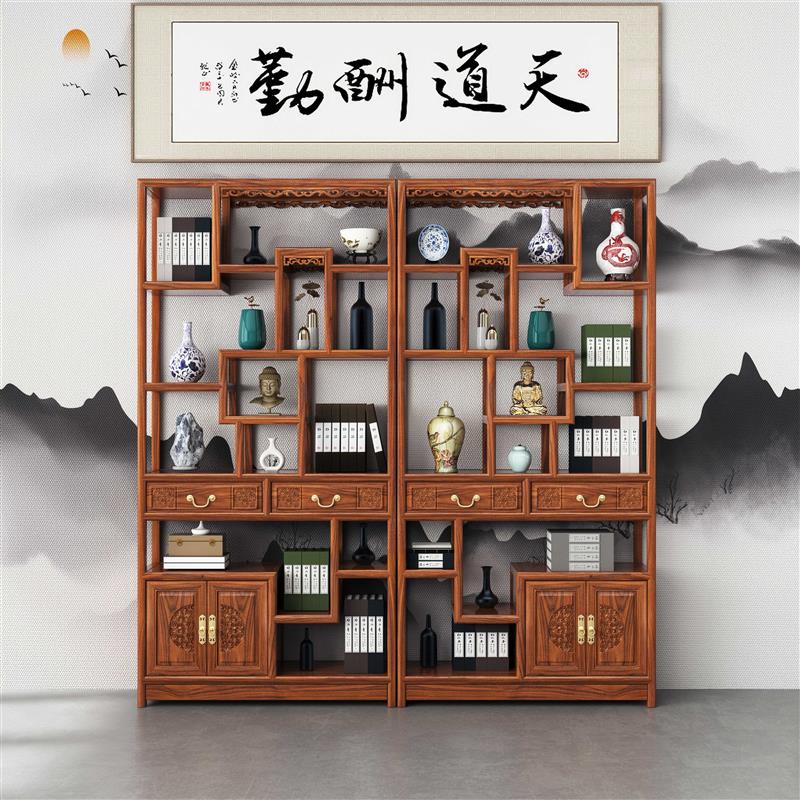中式仿古实木榆木博古架茶叶置物架多宝阁展示架货物架多宝格架子