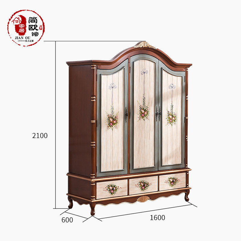 美式乡村实木衣柜复古大衣橱卧室定制田园收纳柜美式做旧三门衣柜