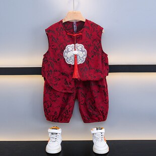 男童背心套装夏季汉服宝宝中式国风红色女童短袖男生周岁礼服衣服