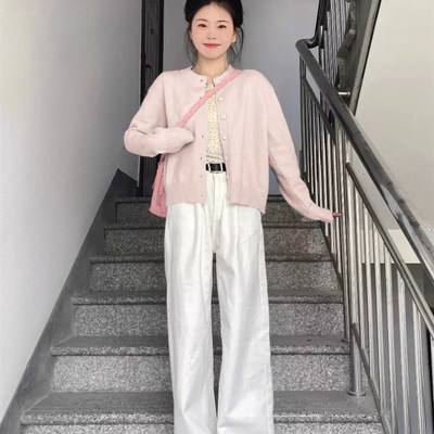 粉色针织开衫女早春2024新款奶系穿搭外套小个子艺术生奶乖上衣