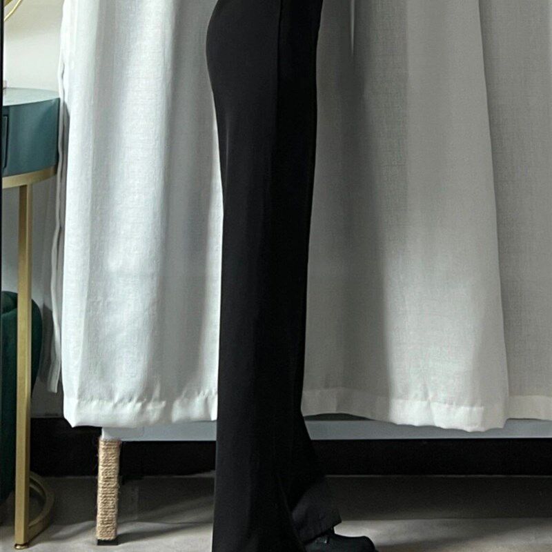 黑色直筒开叉休闲西装裤女春秋大码胖mm宽松显瘦垂坠感阔腿长裤子