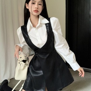 新款 泡泡袖 女春季 polo领衬衫 气质皮背带裙短裙子两件套女 上衣套装