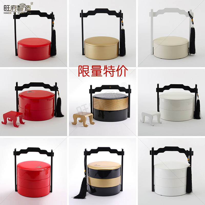 新中式样板房酒店轻奢创意装饰摆件多层实木漆器圆提篮食盒糖果盒