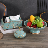 饰品果盘套装 美式 蓝莺花开系列摆件茶几创意收纳纸巾盒客厅新家装