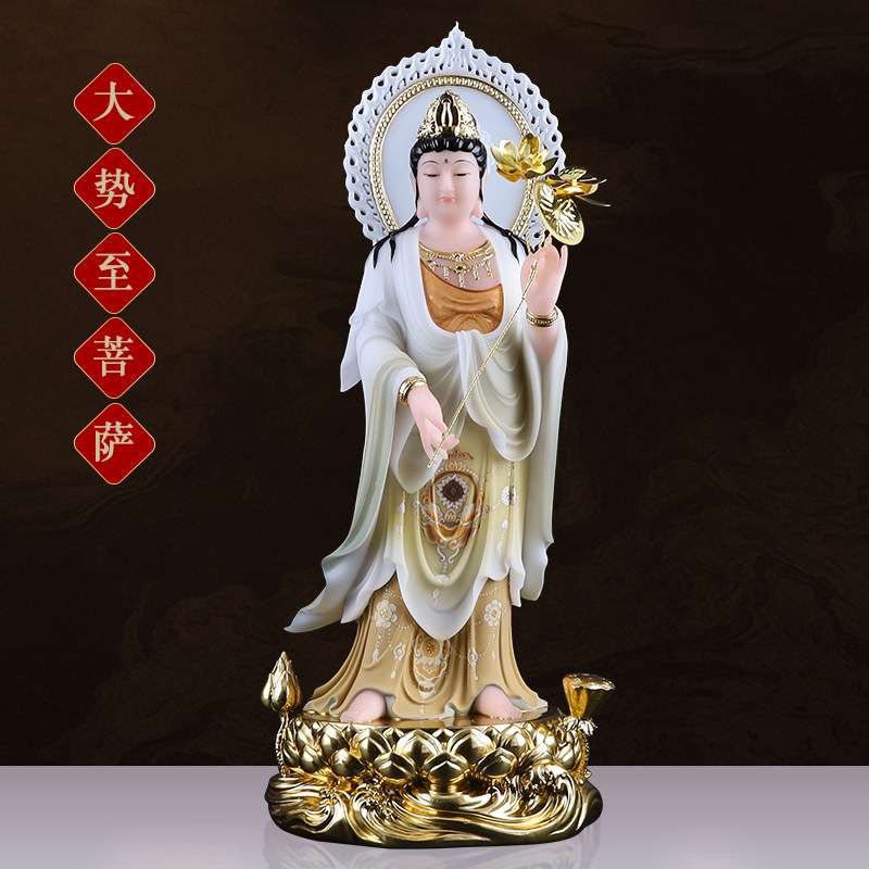 汉白玉古彩西方三圣家用佛像摆件站像阿弥陀佛观音菩萨大势至菩萨