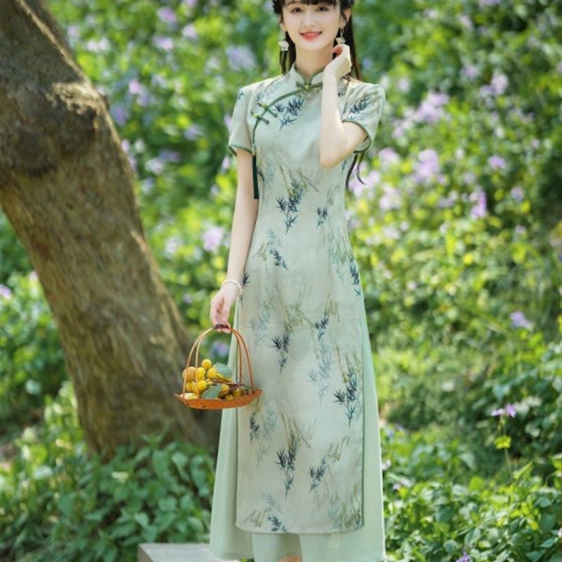 奥戴旗袍连衣裙中国风夏季2023年新款长款绿色改良走秀日常可穿女