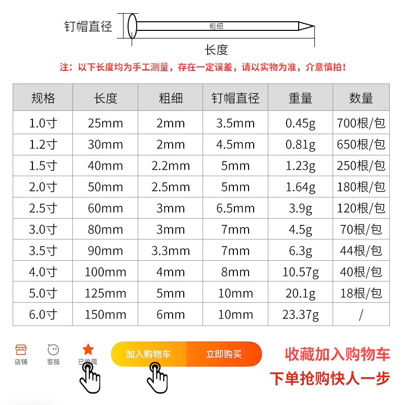钉子铁钉圆钉洋钉木工钉1.5寸2寸2.5寸3寸4寸5寸6寸家用小铁钉子