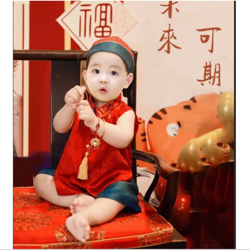 周岁礼服男宝宝夏季婴儿百日宴抓周宴礼服生日拍照真丝唐装新中式