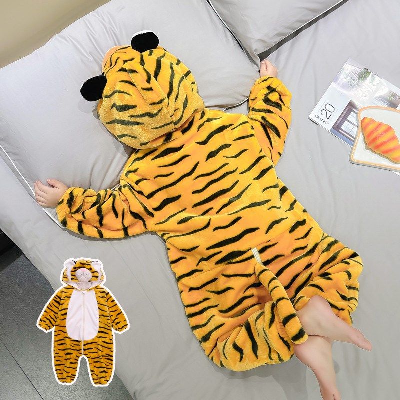 女童小老虎连体睡衣可爱男童卡通秋冬款法兰绒儿童家居服加厚保暖
