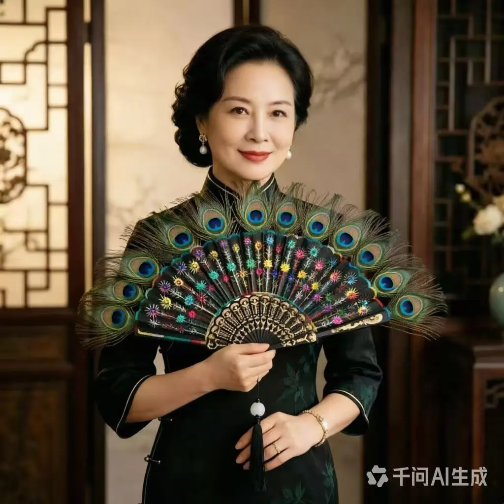 孔雀羽毛折扇刺绣黑杆蝴蝶亮片扇