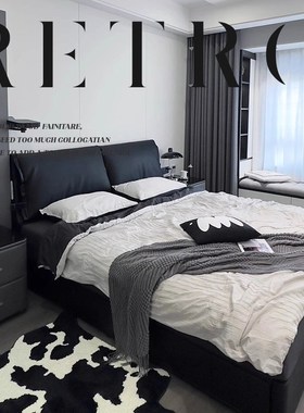 意式极简大象耳朵黑色真皮床现代简约主卧高O端大气双人软包别墅