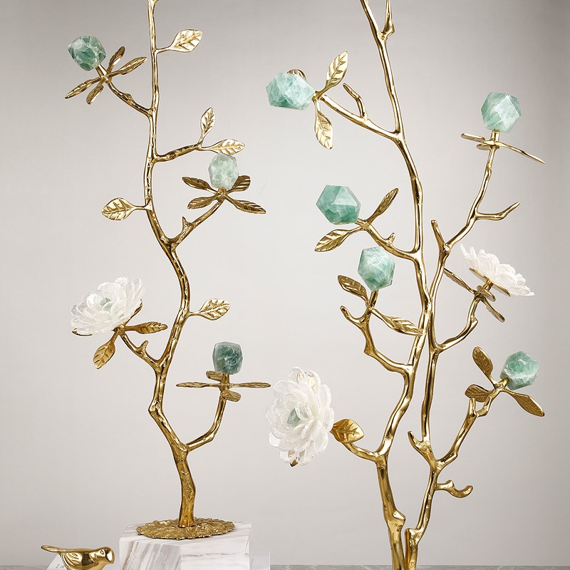 北欧轻奢黄铜连理枝发财树摆件天然水晶花酒店别墅客厅玄关软装饰