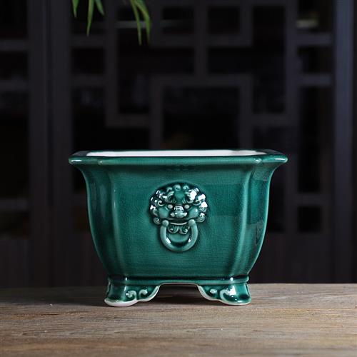 陶瓷手工釉盆大号盆景盆冰裂开片纹兽面正方形复古石湾盆兰花盆