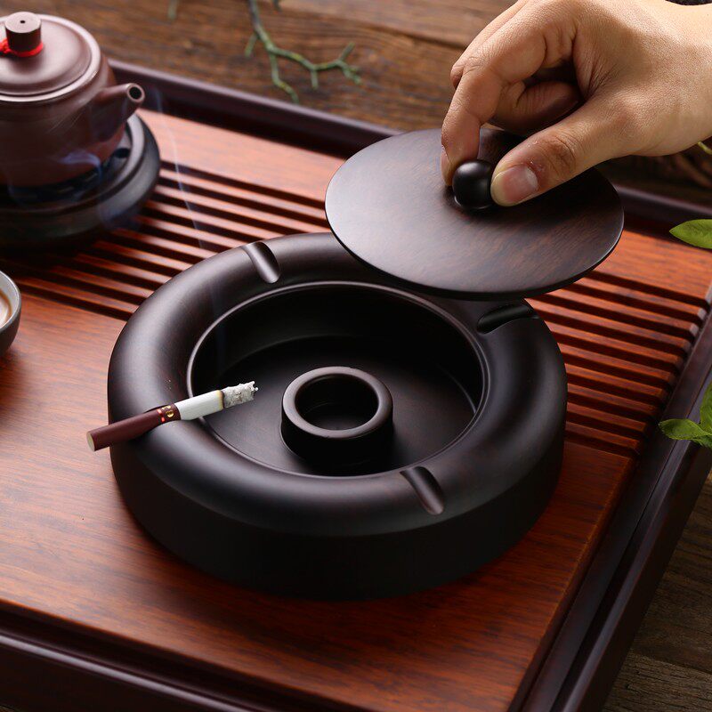 中式黑檀实木烟灰缸带盖大号创意个性潮流家用客厅防飞灰定制复古