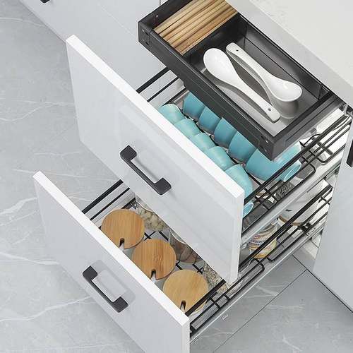 拉篮厨房橱柜304不锈钢碗碟拉篮调味拉篮双层抽屉式小柜体碗碟篮