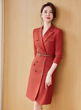 主持人礼服女正式场合西装裙气质修身橘红色连衣裙端庄大气高级感