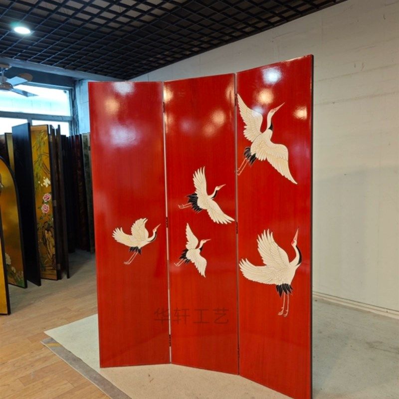 折屏屏风金箔花鸟手绘漆画隔断玄关背景墙客厅沙发卧室移动中式
