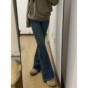 复古蓝微喇弹力牛仔裤女秋冬加绒高腰大码胖mm巨显瘦裤子梨型身材