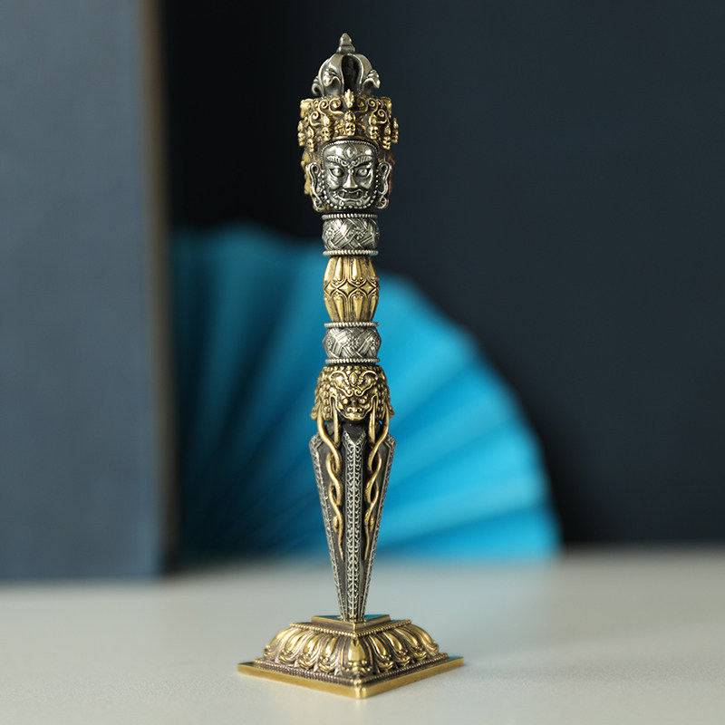 尼泊尔纯铜藏式金刚撅降魔杵金刚杵三面普巴金刚杵法器密宗带底座