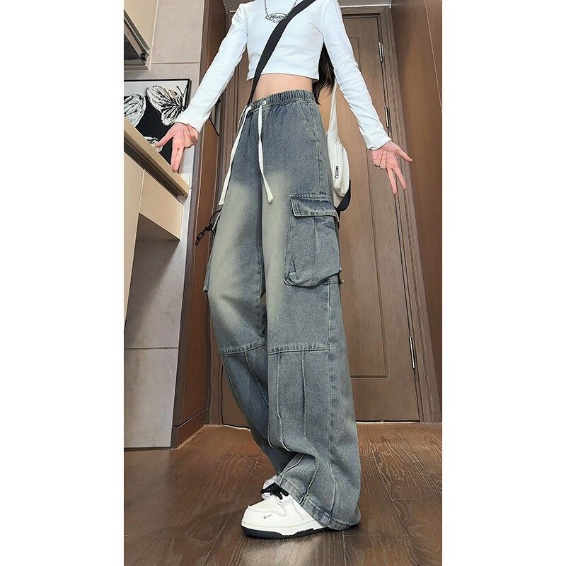松紧腰直筒工装牛仔裤女春秋胖mm大码宽松长裤bf显瘦拖地阔腿裤子,女装/女士精品,牛仔裤,淘宝优惠券,粉丝福利购,淘宝优惠卷