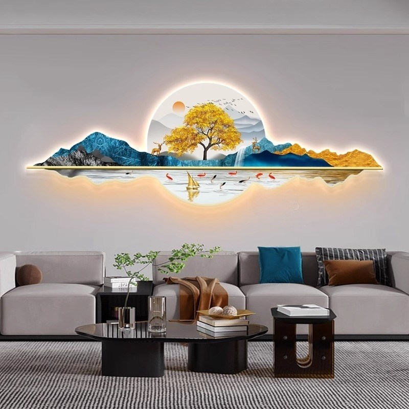 带灯山水画客厅挂画轻奢灯光画沙发背景墙装饰画2024新款LED壁灯