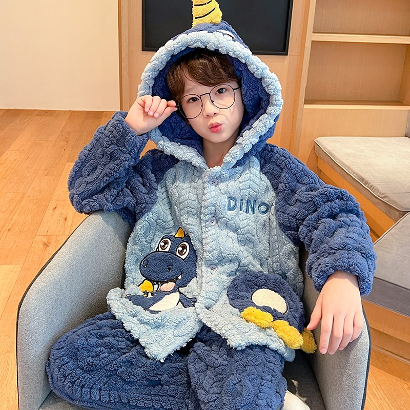 秋冬季儿童睡衣珊瑚绒加厚男童小男孩宝宝中大童法兰绒家居服套装