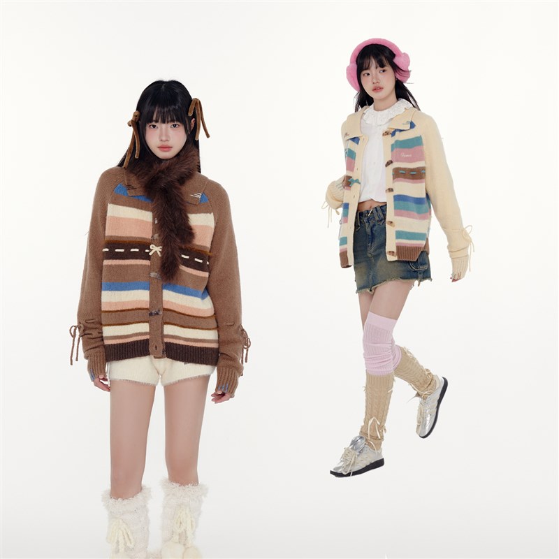 FPMZ 彩色条纹牛角扣蝴蝶结穿绳绑带翻领毛衣针织开衫短外套百搭