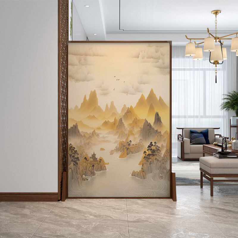 日照金山新中式实木移动屏风隔断客厅入户遮挡玄关山水画座屏新款