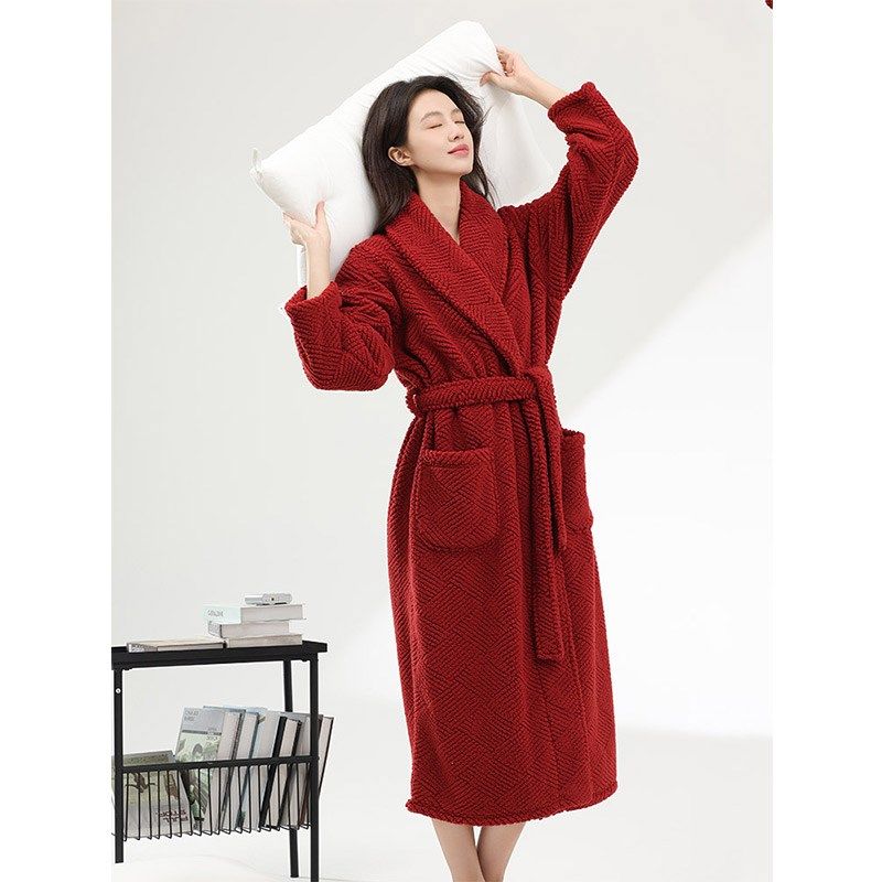 红色珊瑚绒睡衣女结婚情侣本命年女士睡袍浴袍长款加绒家居服