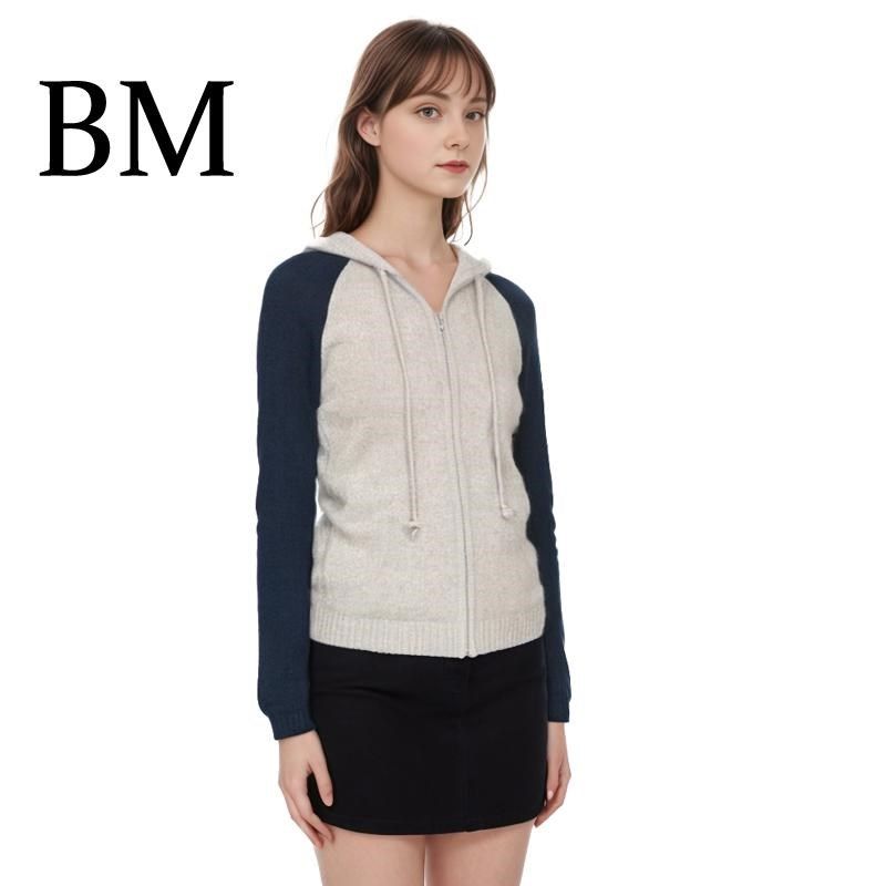 BM美式插肩袖针织连帽开衫拉链休闲短款长袖毛衣撞色帽衫外套秋冬